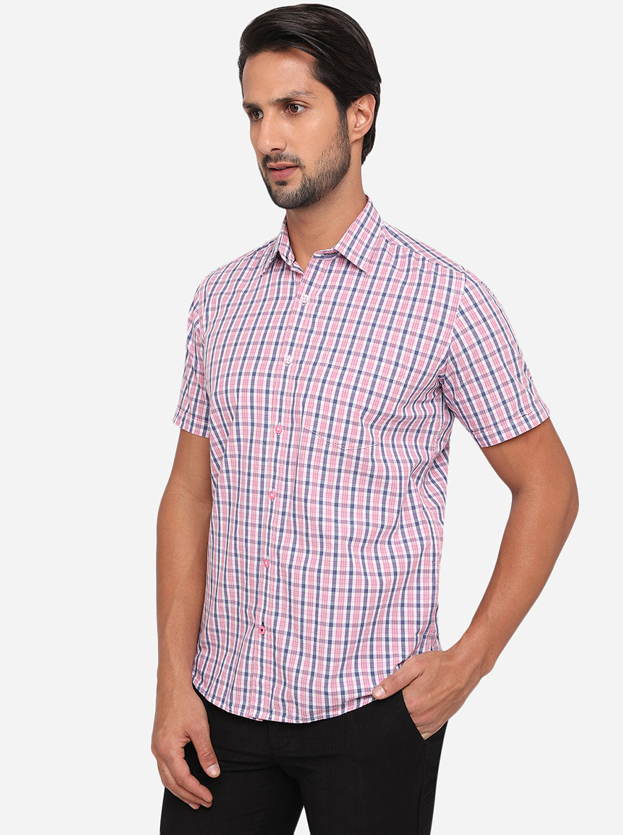Rose Pink Checked Slim Fit Semi Casual Shirt | Pehervi