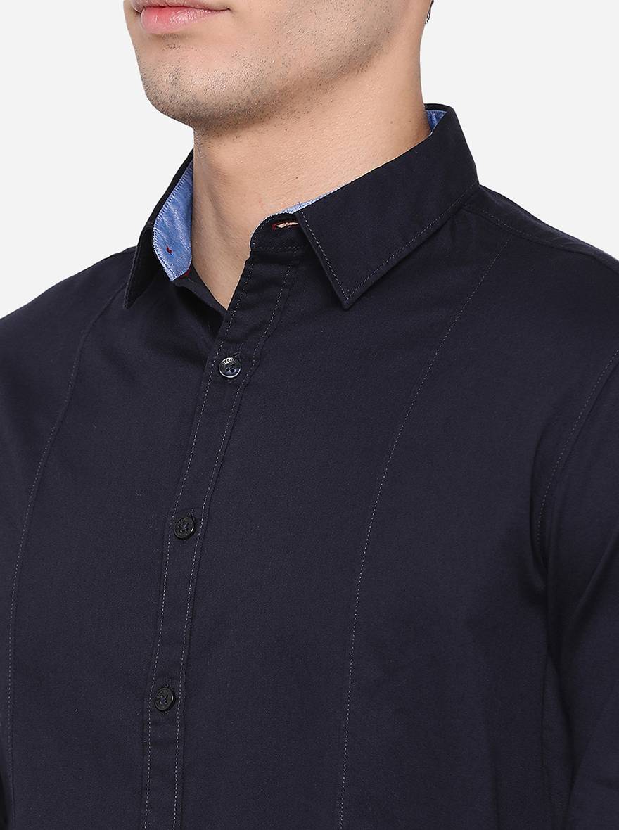 Dark Blue Solid Slim Fit Semi Casual Shirt | Pehervi