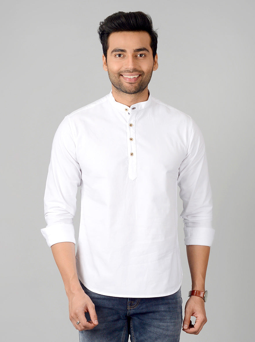 Bright White Solid Slim Fit Short Kurta | Pehervi