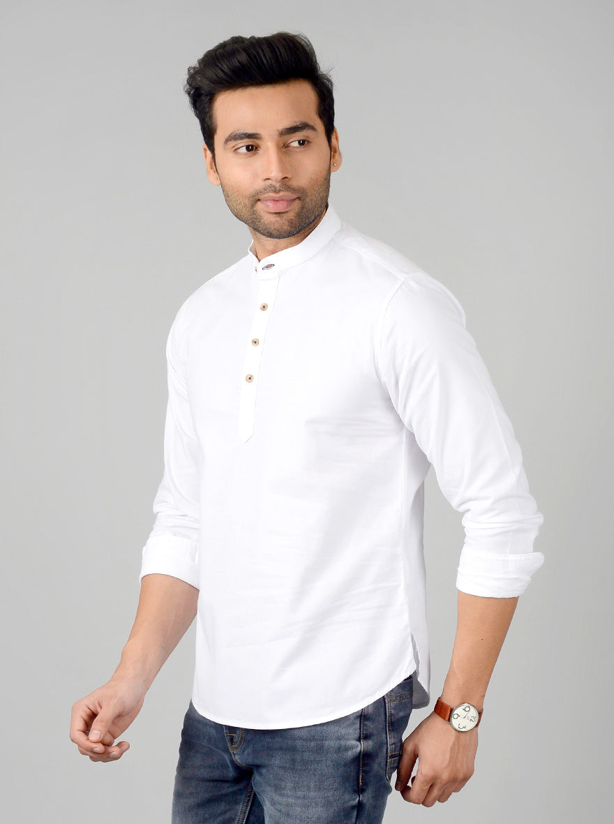Bright White Solid Slim Fit Short Kurta | Pehervi