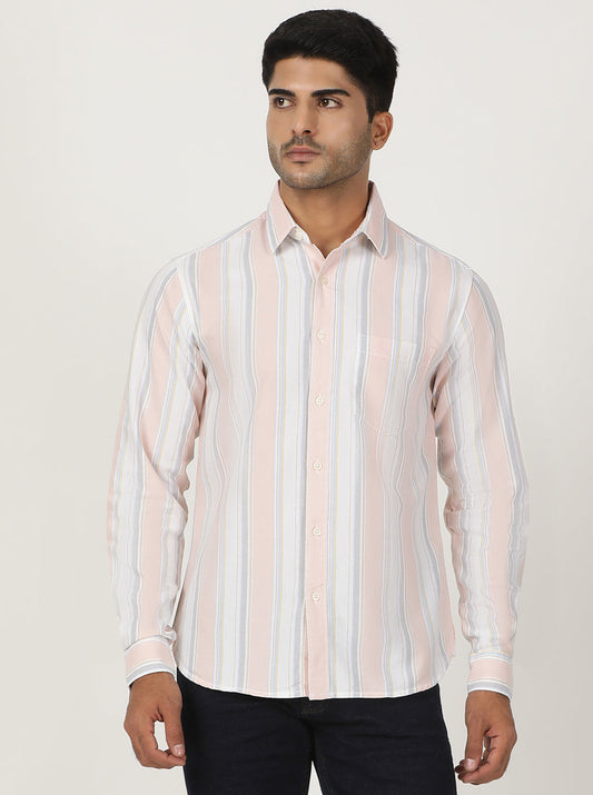 Peach Striped Slim Fit Casual Shirt | pehervi