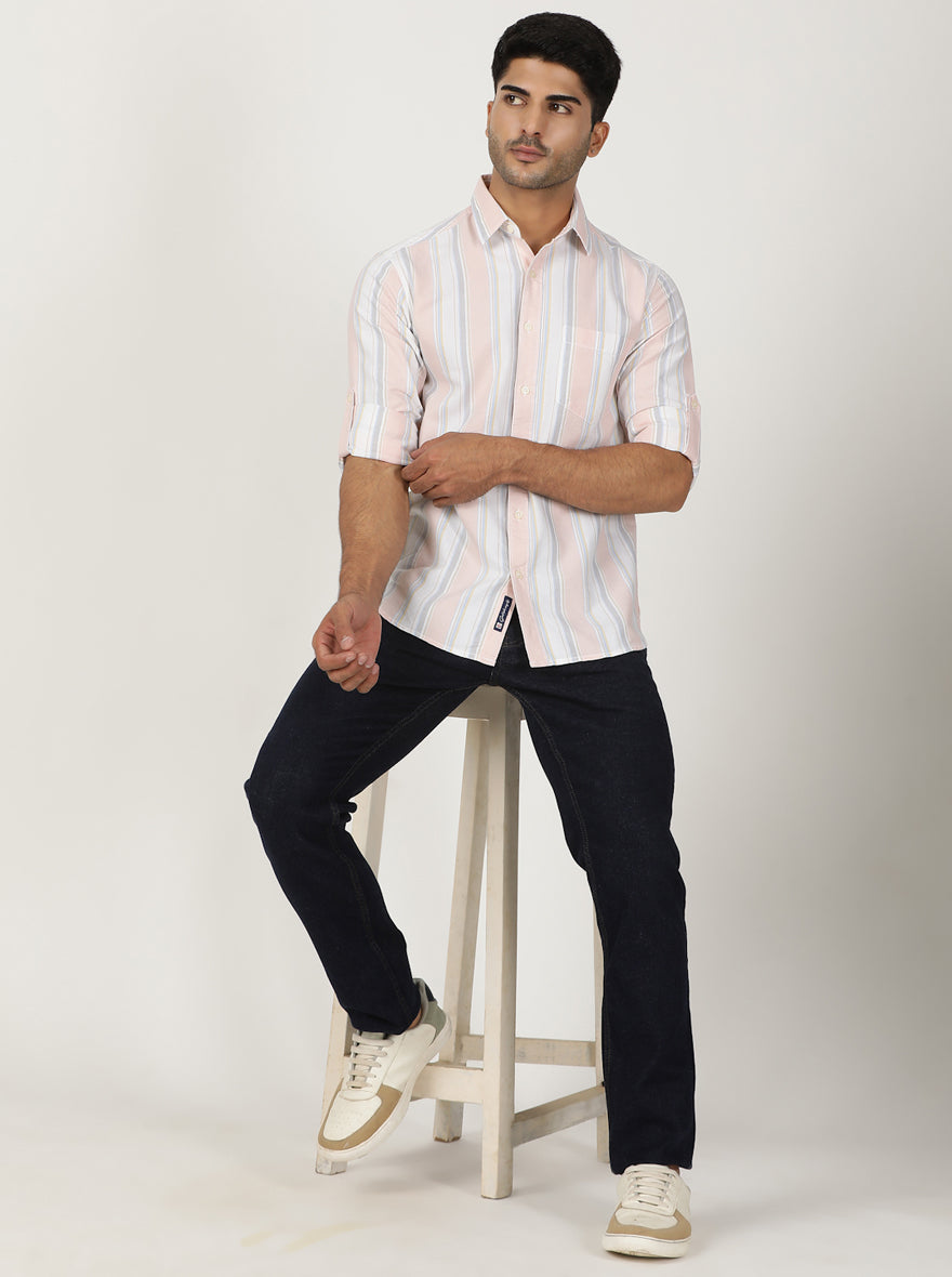 Peach Striped Slim Fit Casual Shirt | pehervi