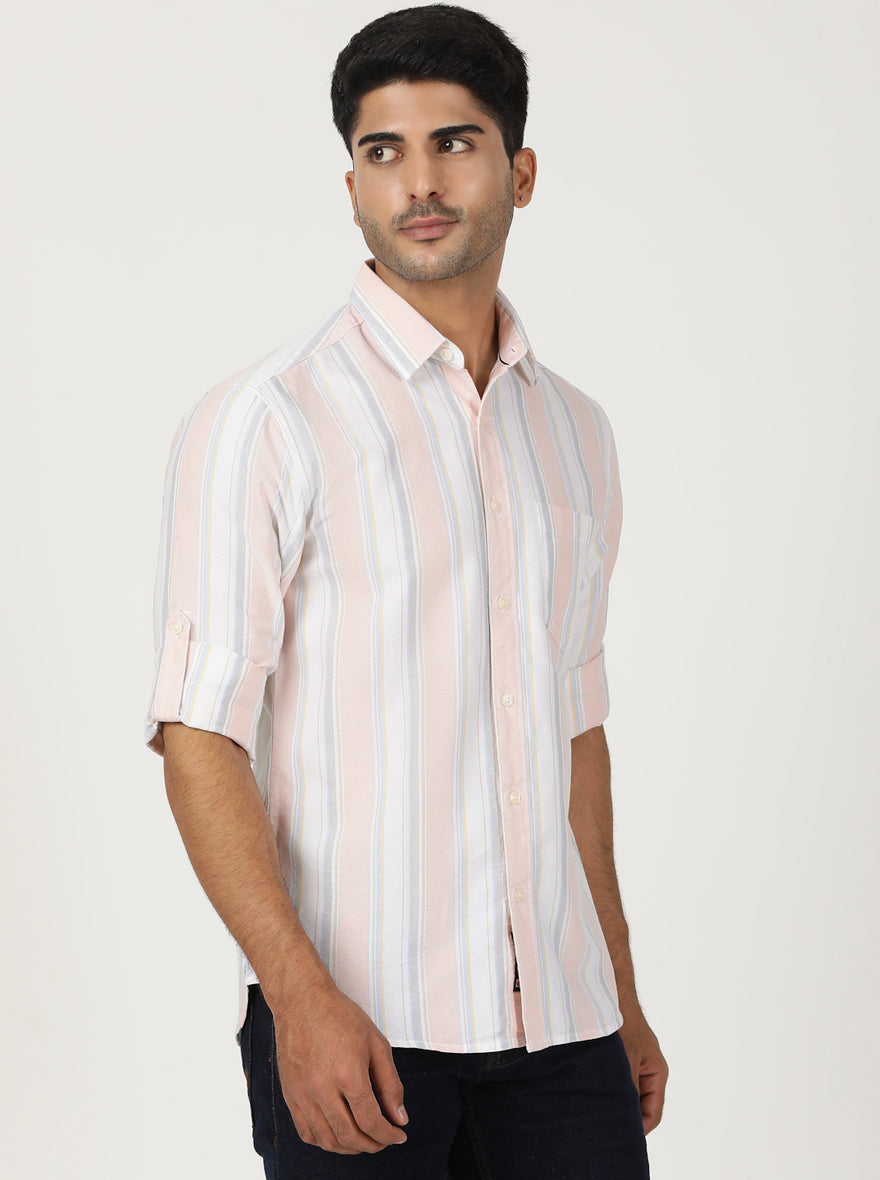 Peach Striped Slim Fit Casual Shirt | pehervi