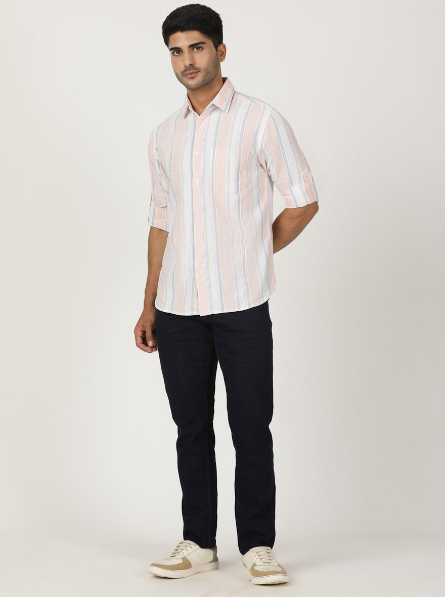Peach Striped Slim Fit Casual Shirt | pehervi