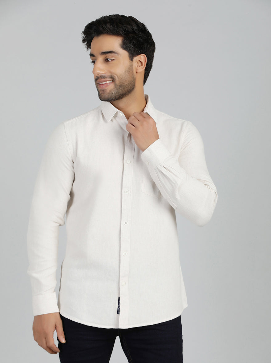 Cream Solid Slim Fit Casual Shirt | pehervi