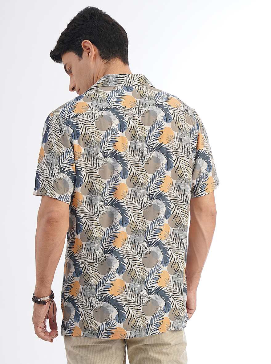 Cream Printed Slim Fit Casual Shirt | pehervi