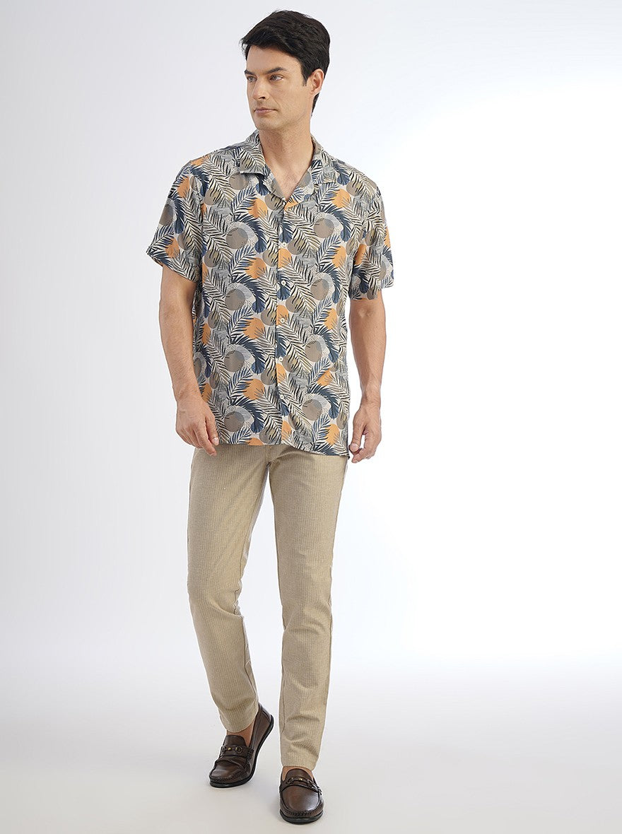 Cream Printed Slim Fit Casual Shirt | pehervi