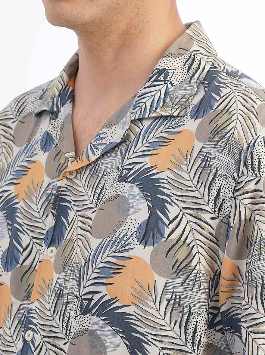 Cream Printed Slim Fit Casual Shirt | pehervi