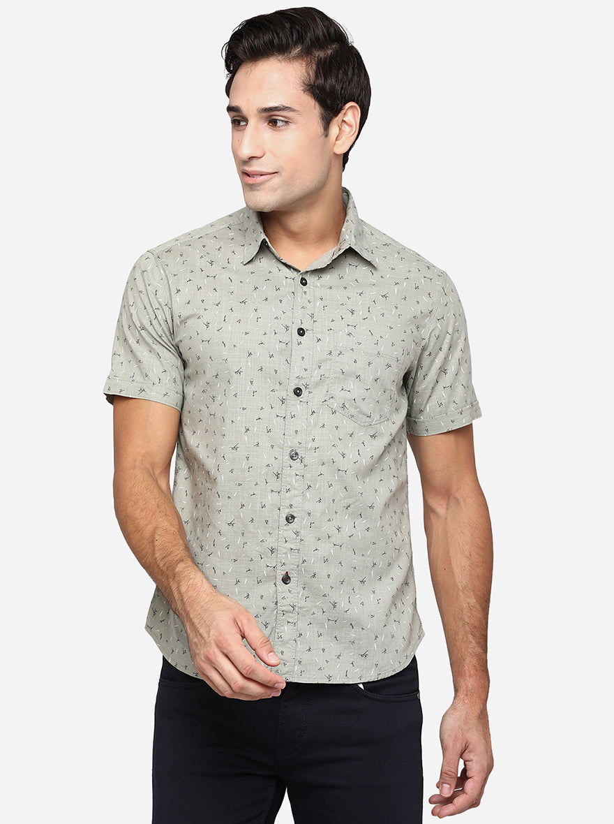 Stone Grey Printed Slim Fit Semi Casual Shirt | Pehervi