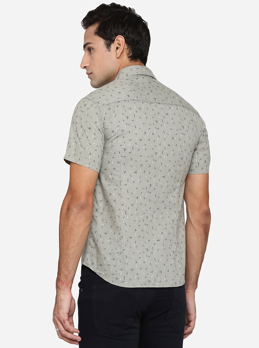 Stone Grey Printed Slim Fit Semi Casual Shirt | Pehervi