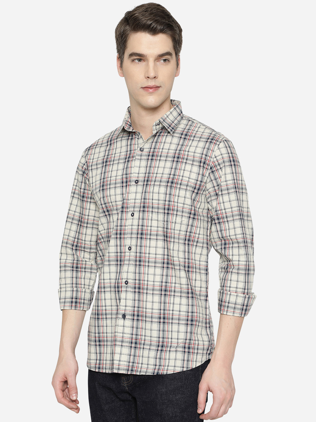 Stone Grey Checked Slim Fit Semi Casual Shirt | Pehervi
