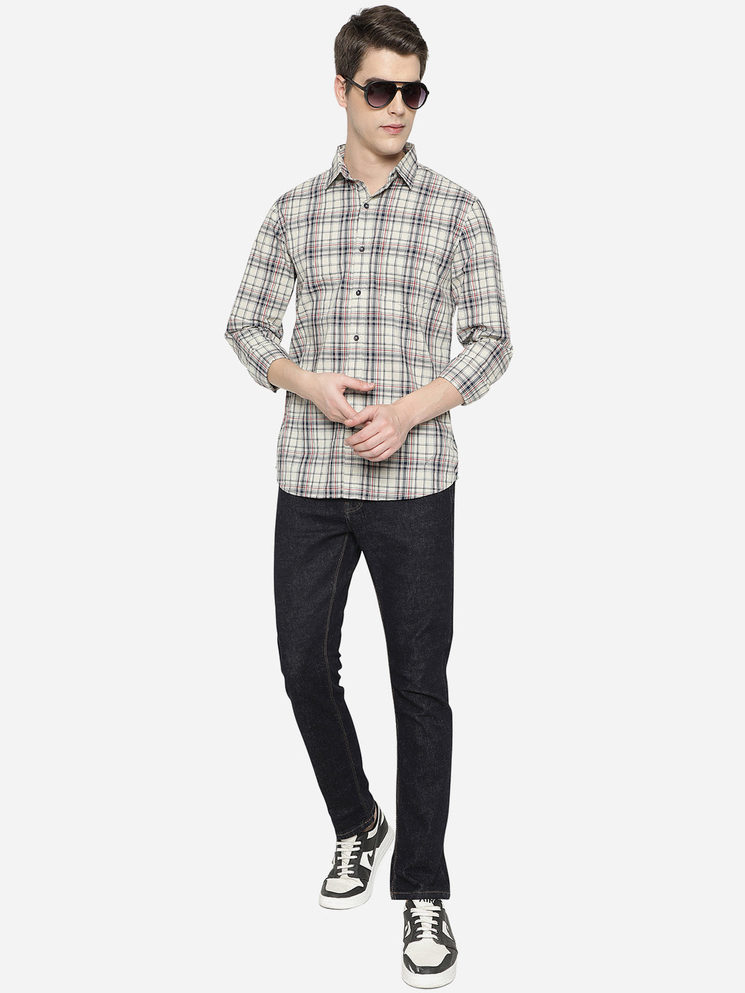 Stone Grey Checked Slim Fit Semi Casual Shirt | Pehervi