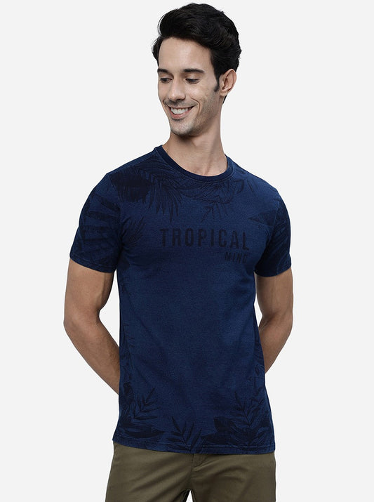 Denim Blue Printed Slim Fit T-Shirt | pehervi