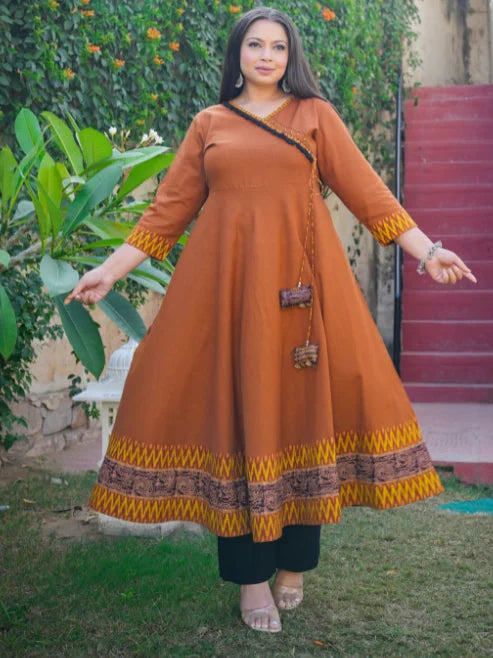 Cotton Slub Plus Size Angrakha Style Anarkali Kurti (Brown)
