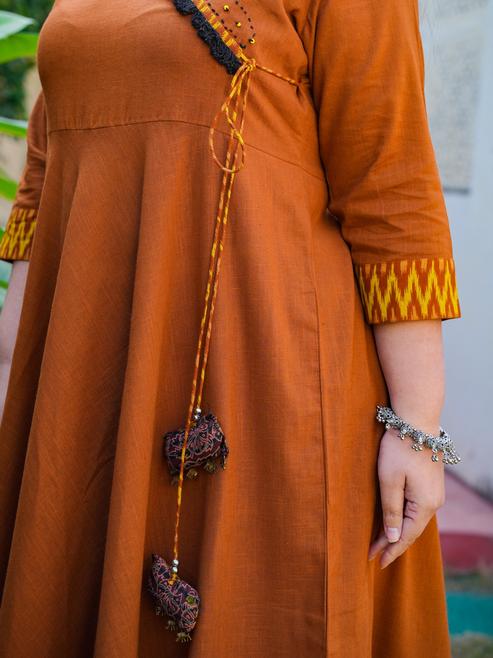 Cotton Slub Plus Size Angrakha Style Anarkali Kurti (Brown)