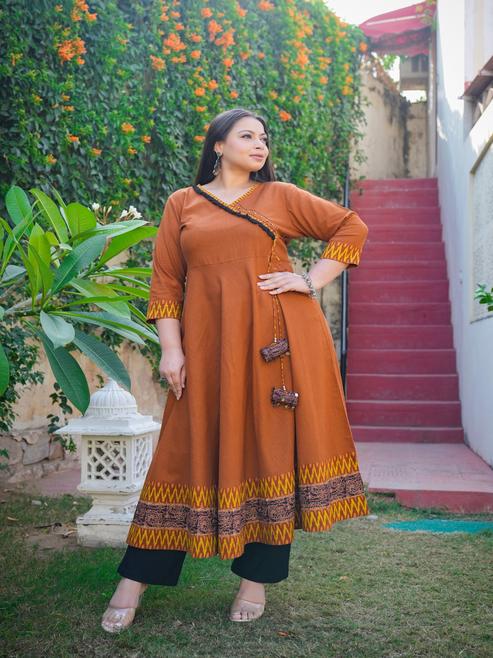 Cotton Slub Plus Size Angrakha Style Anarkali Kurti (Brown)