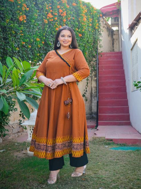Cotton Slub Plus Size Angrakha Style Anarkali Kurti (Brown)