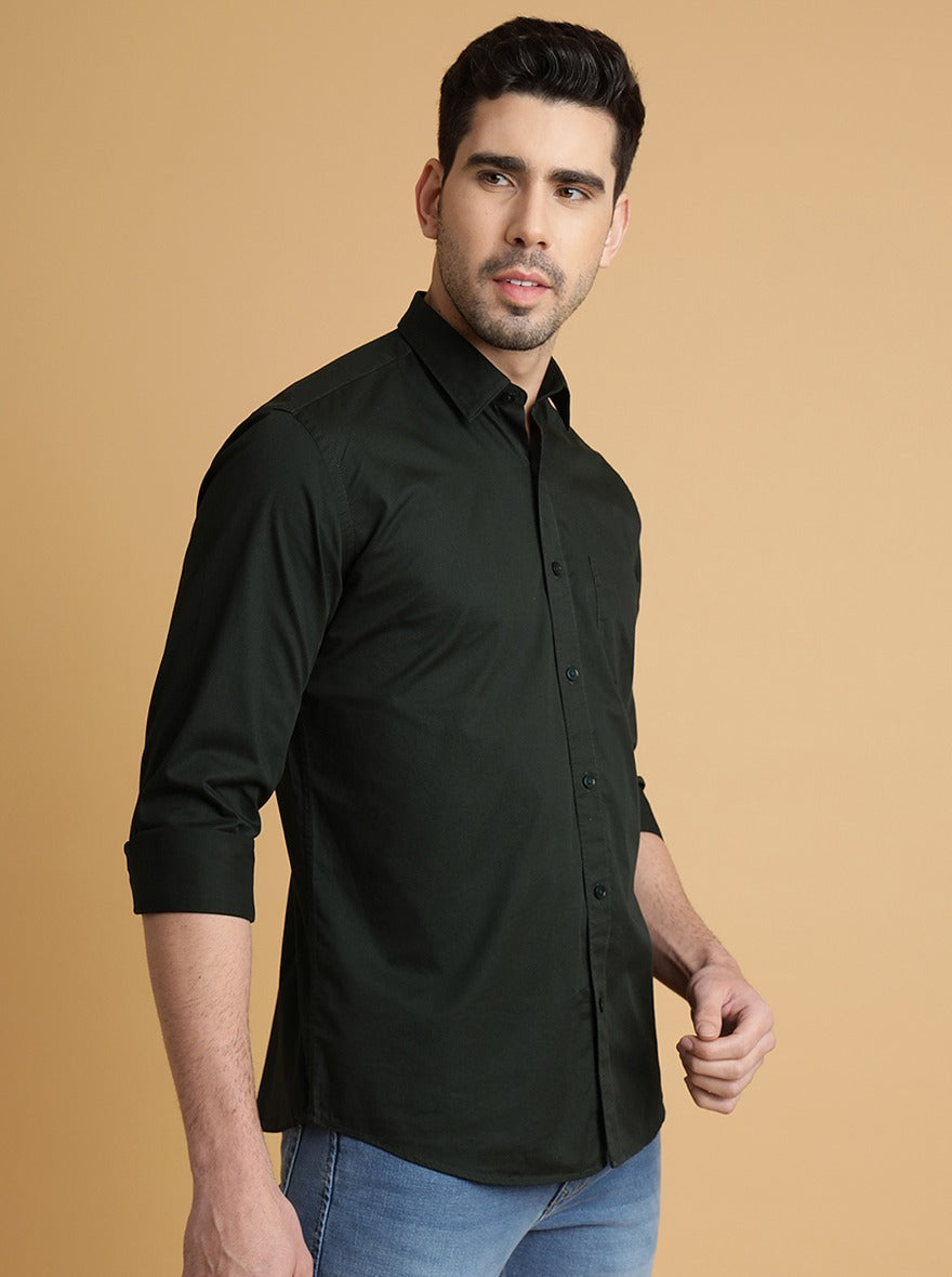 Bottle Green Solid Slim Fit Semi Casual Shirt | Pehervi