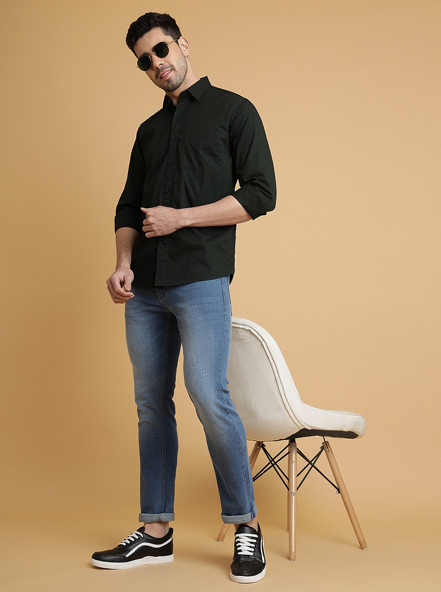 Bottle Green Solid Slim Fit Semi Casual Shirt | Pehervi