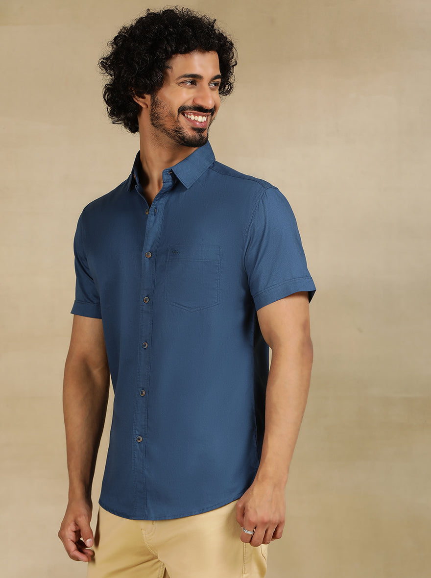 Slate Blue Solid Slim Fit Casual Shirt | pehervi