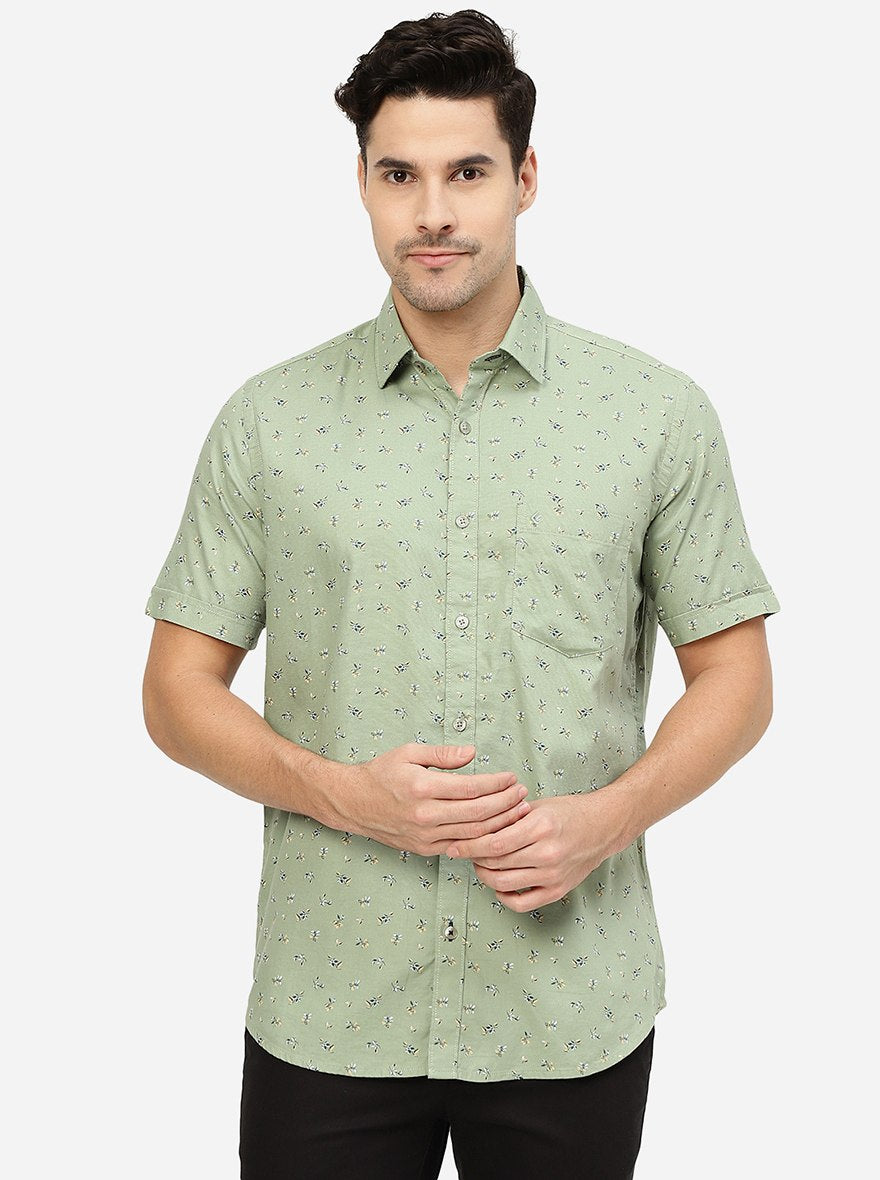 Pista Green Printed Smart Fit Semi Casual Shirt | Pehervi