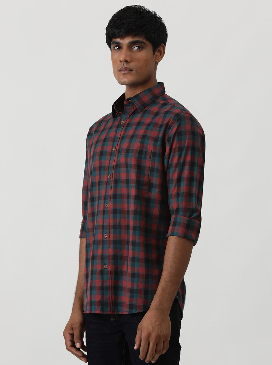 Red Checked Slim Fit Casual Shirt | pehervi