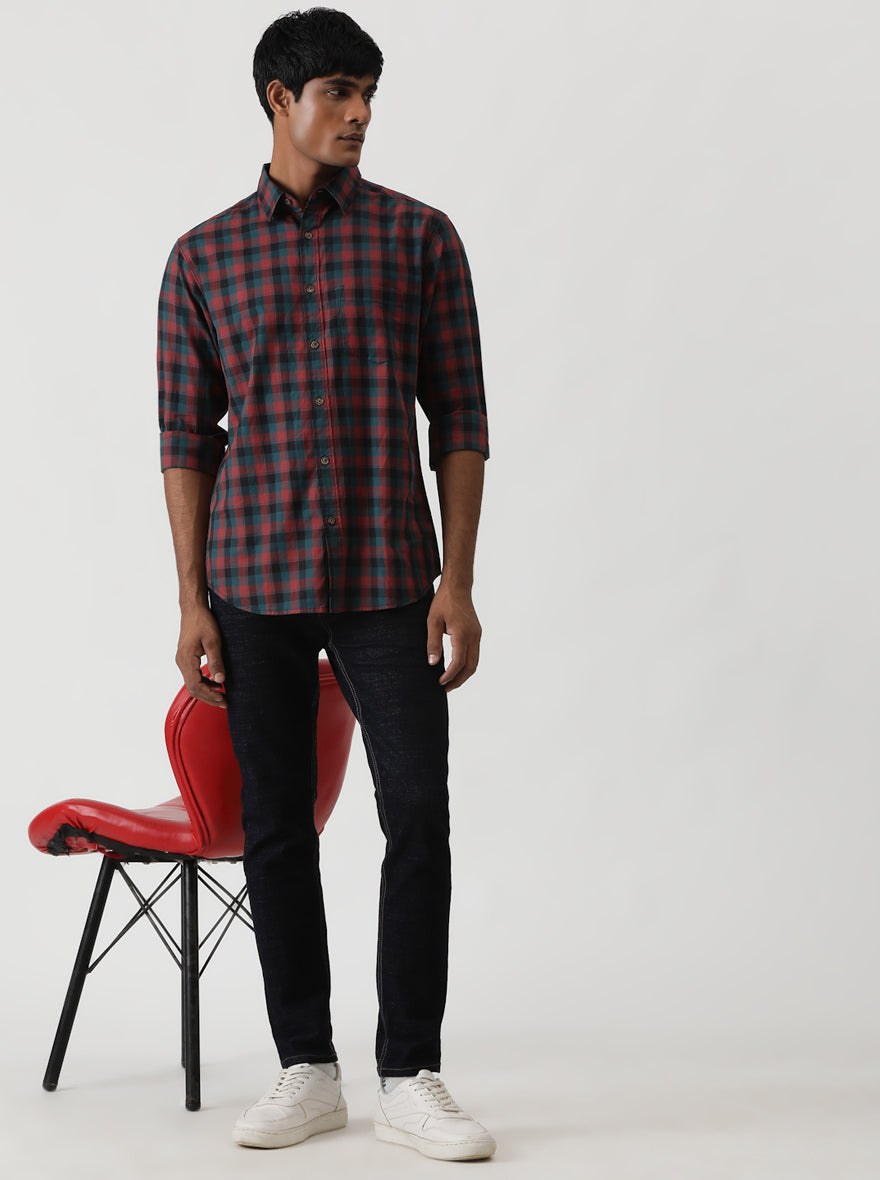 Red Checked Slim Fit Casual Shirt | pehervi