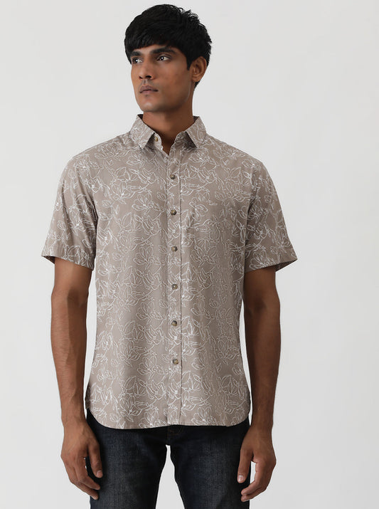Brown Printed Slim Fit Casual Shirt | pehervi
