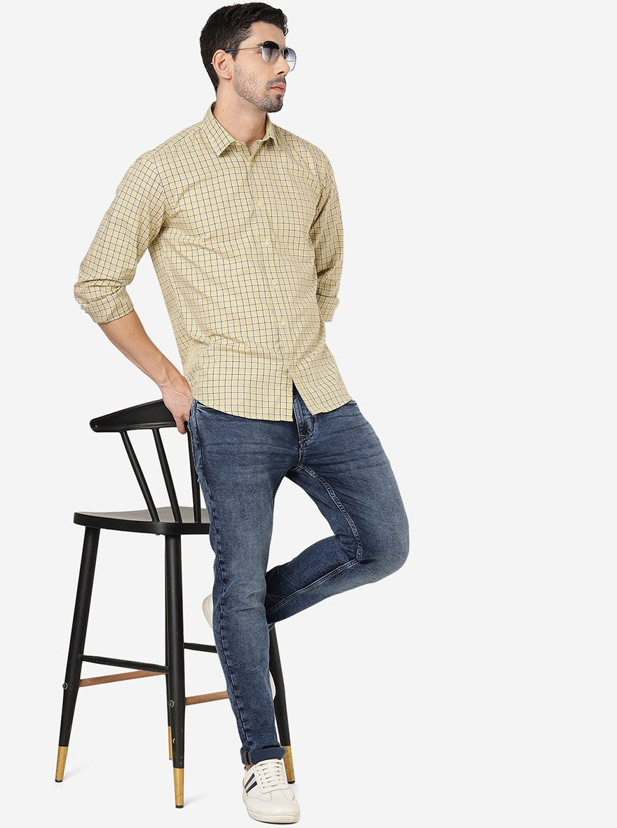 Cream Checked Smart Fit Semi Casual Shirt | Pehervi