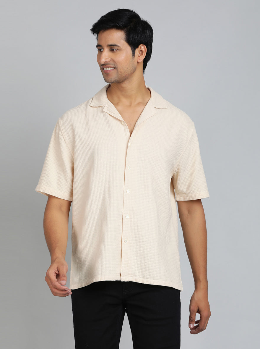 Cream Dobby Slim Fit Casual Shirt | pehervi