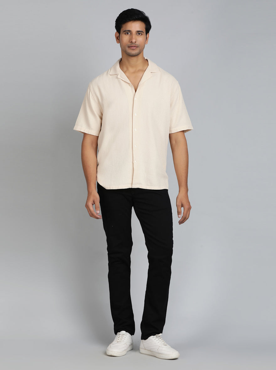 Cream Dobby Slim Fit Casual Shirt | pehervi