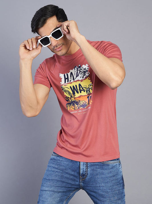 Pink Printed Slim Fit T-Shirt | pehervi