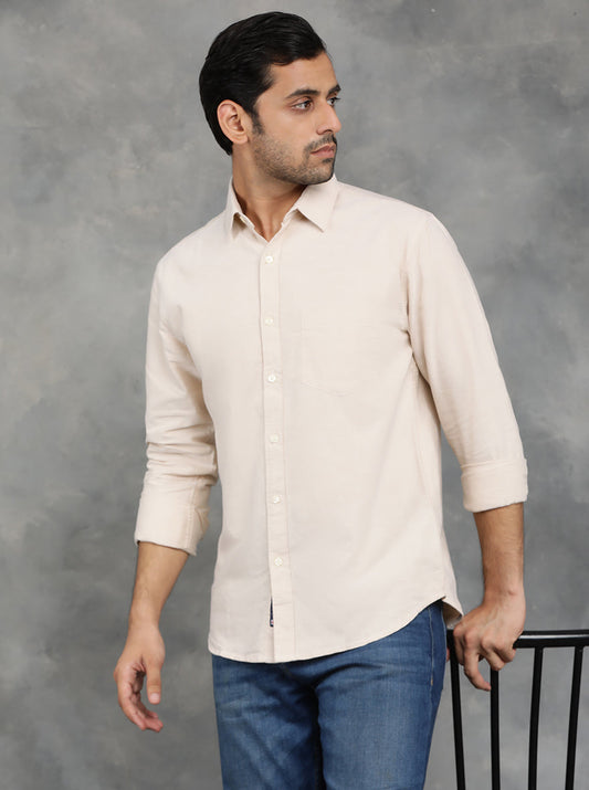 Beige Solid Slim Fit Casual Shirt | pehervi