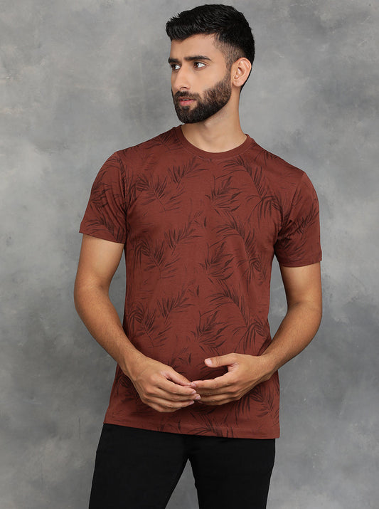 Brown Printed Slim Fit T-Shirt | pehervi