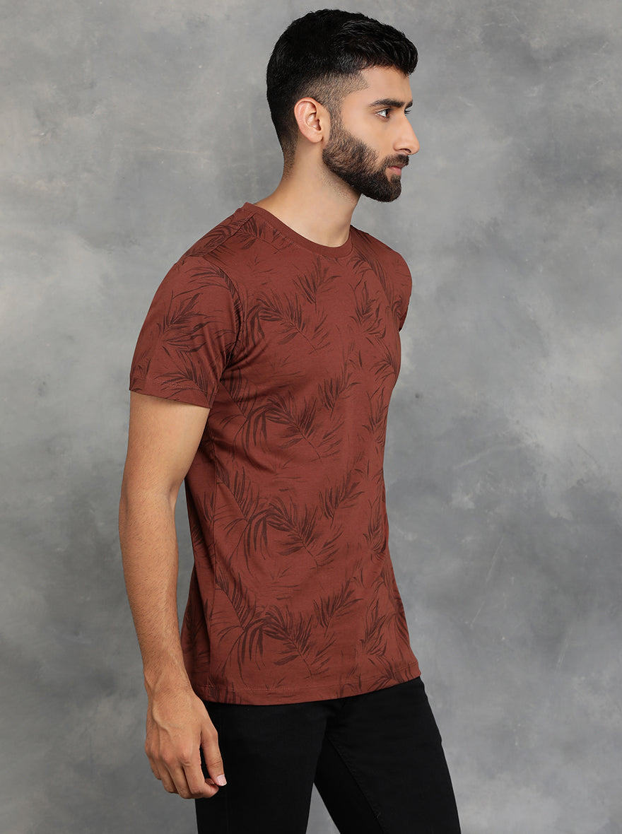 Brown Printed Slim Fit T-Shirt | pehervi