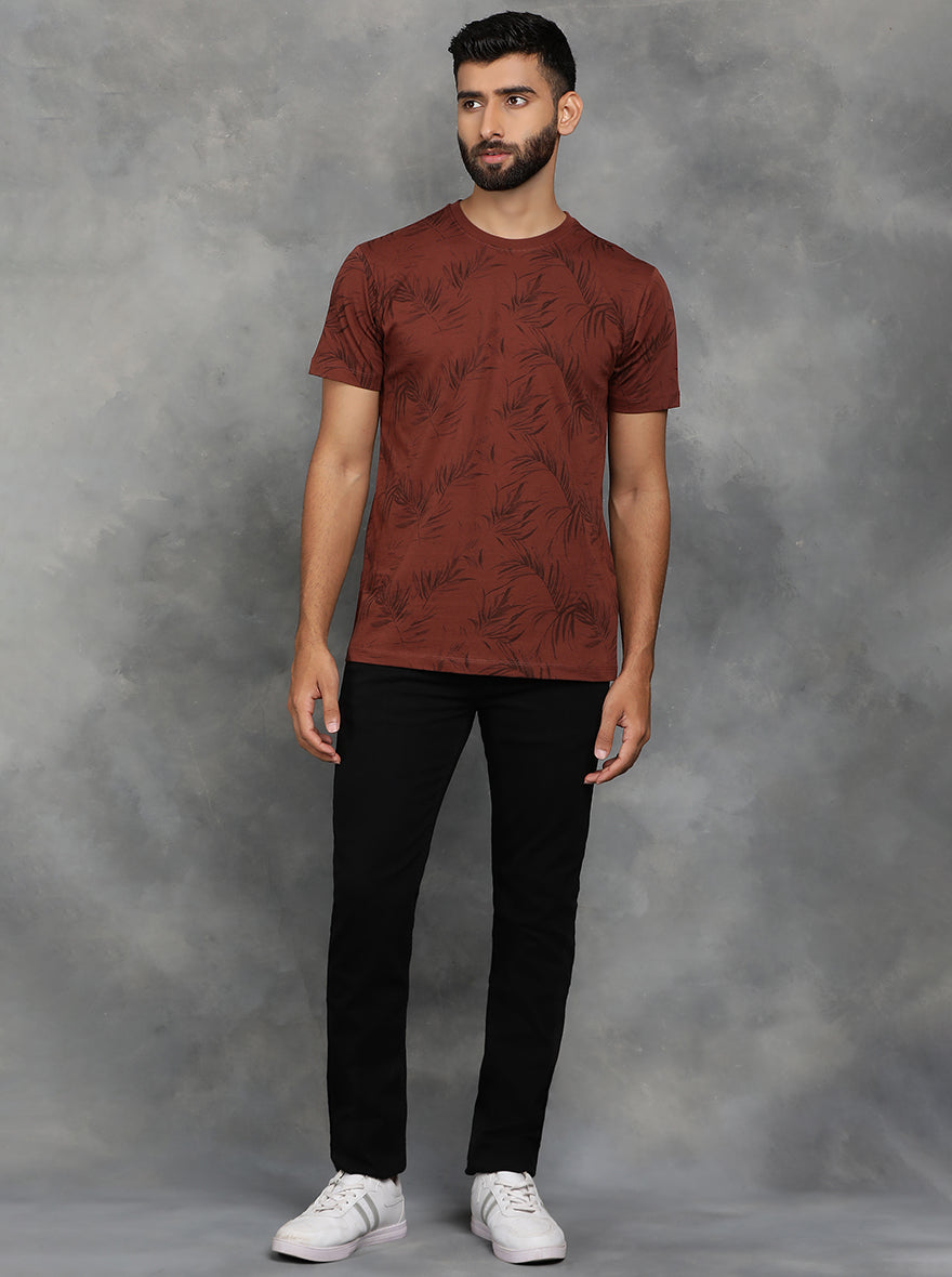 Brown Printed Slim Fit T-Shirt | pehervi