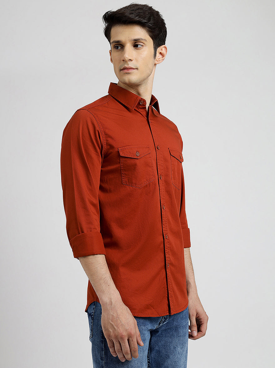 Rust Solid Slim Fit Casual Shirt | pehervi