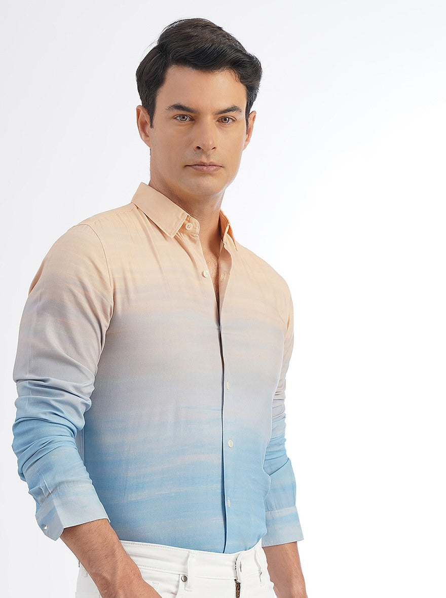 Peach Printed Slim Fit Casual Shirt | pehervi