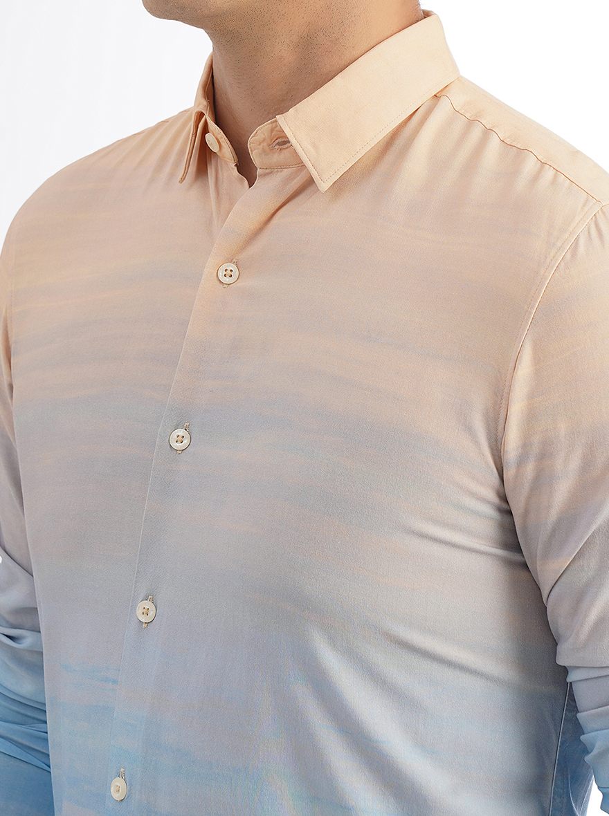 Peach Printed Slim Fit Casual Shirt | pehervi