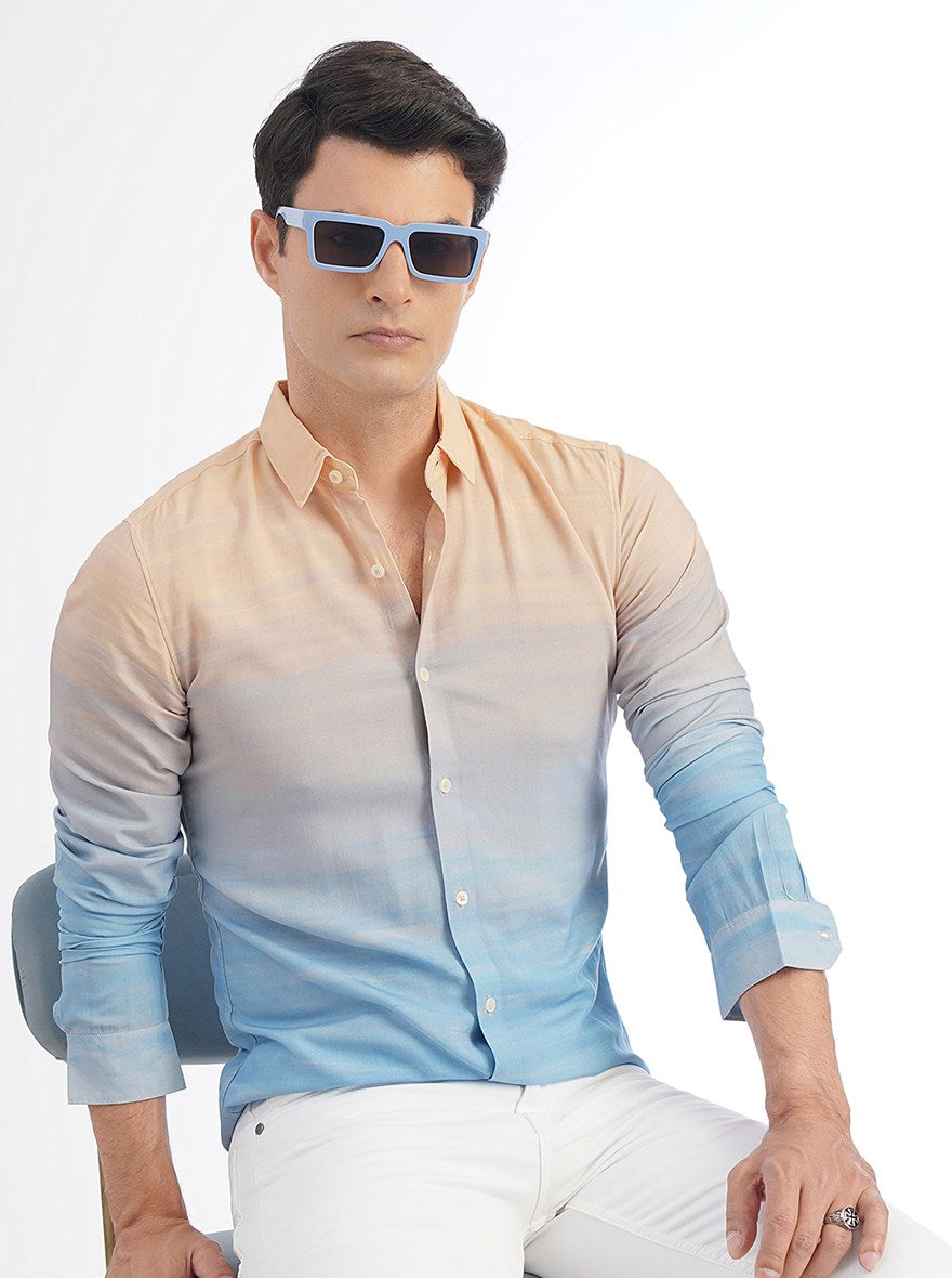 Peach Printed Slim Fit Casual Shirt | pehervi