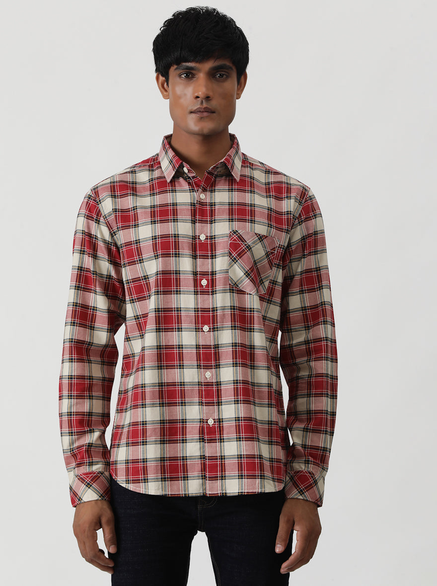 Red Checked Slim Fit Casual Shirt | pehervi