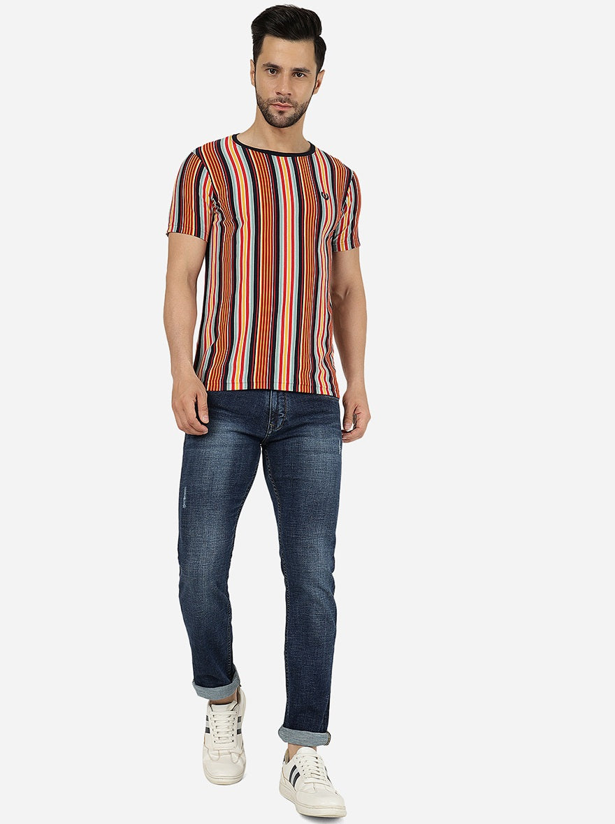 Red & Yellow Striped Slim Fit T-Shirt | pehervi