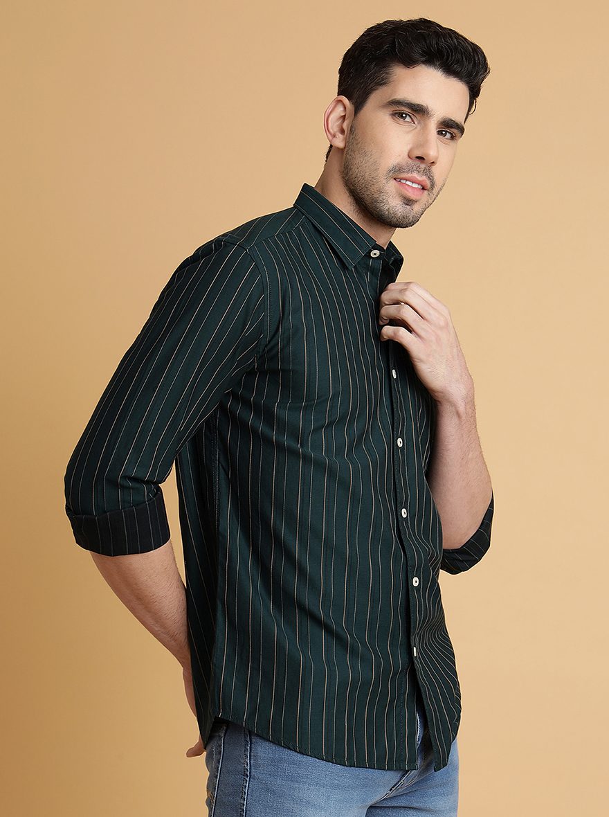 Bottle Green Striped Slim Fit Semi Casual Shirt | Pehervi