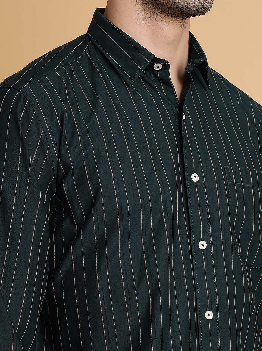 Bottle Green Striped Slim Fit Semi Casual Shirt | Pehervi