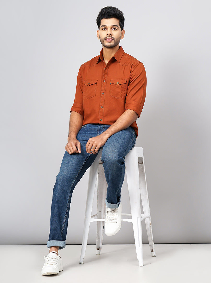 Rust Solid Slim Fit Casual Shirt | pehervi