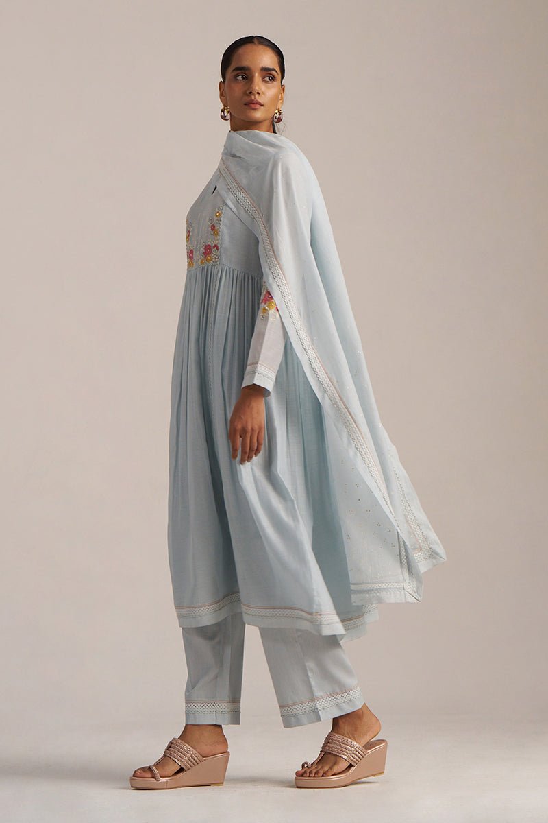 Chalk Blue Mal Chanderi Embroidered Kurta Set