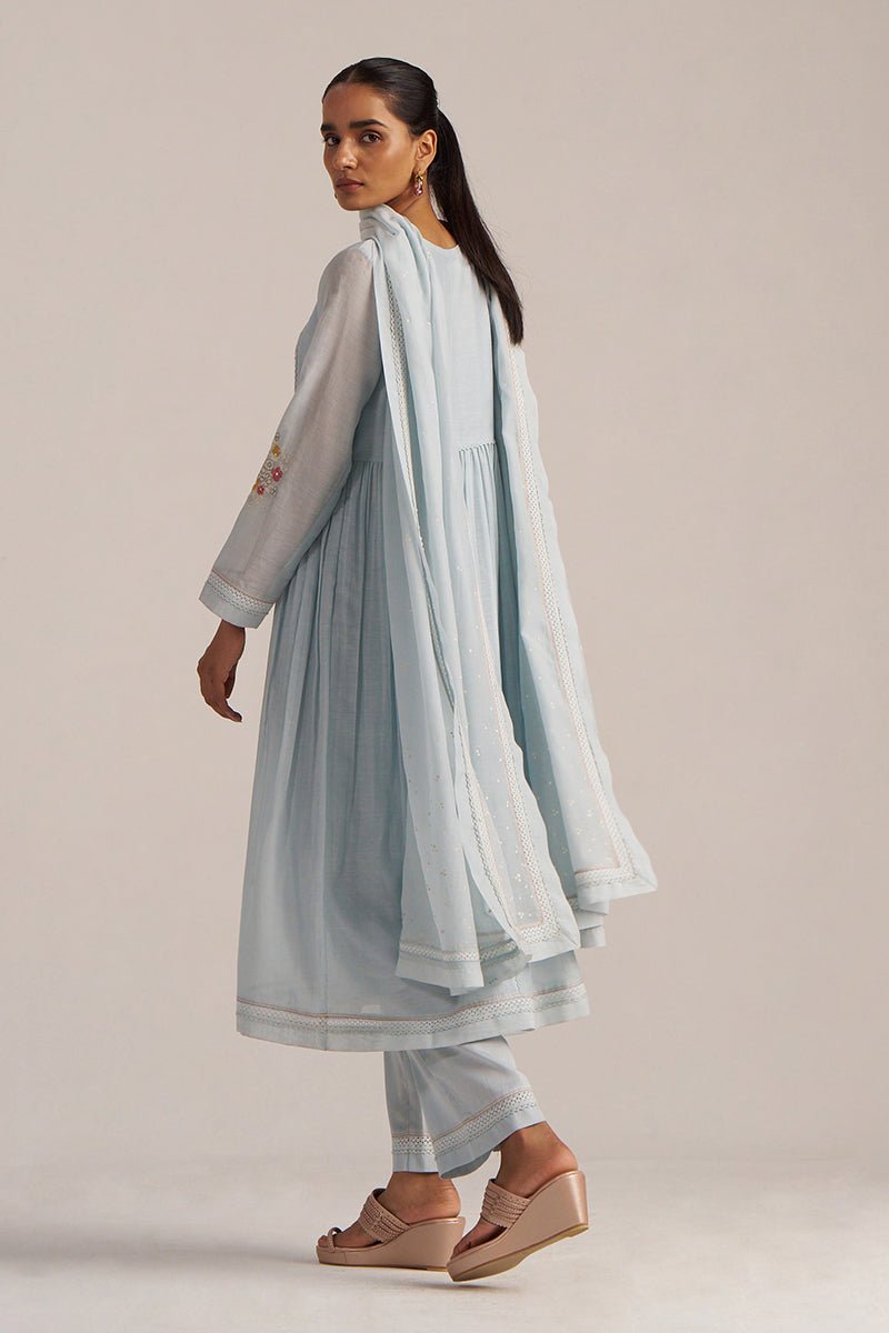 Chalk Blue Mal Chanderi Embroidered Kurta Set