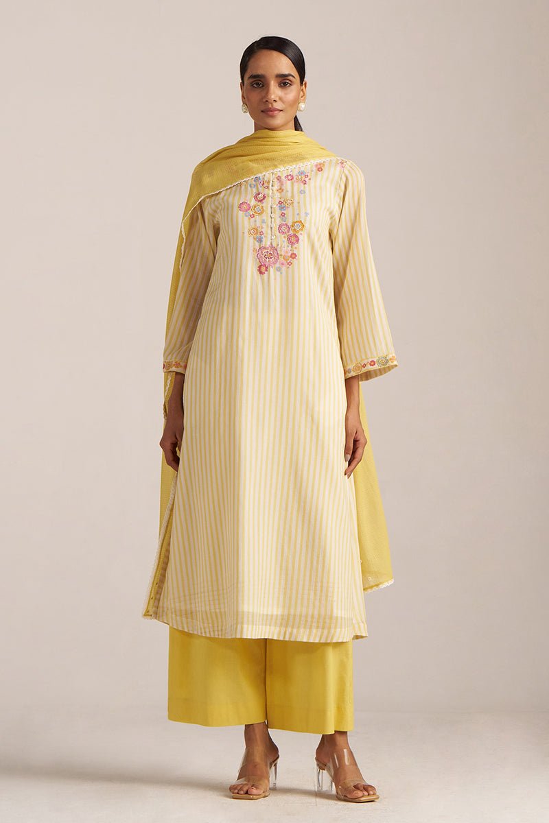 Cream-Gold Stripe and Floral kurta Set