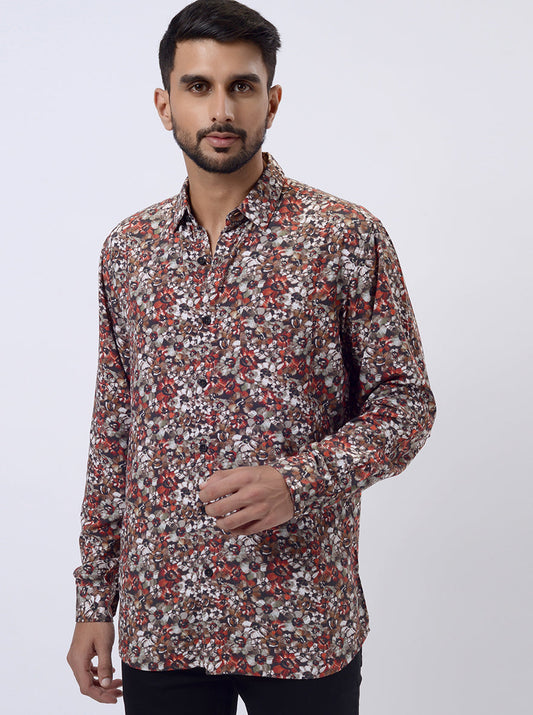 Rust Printed Slim Fit Casual Shirt | pehervi