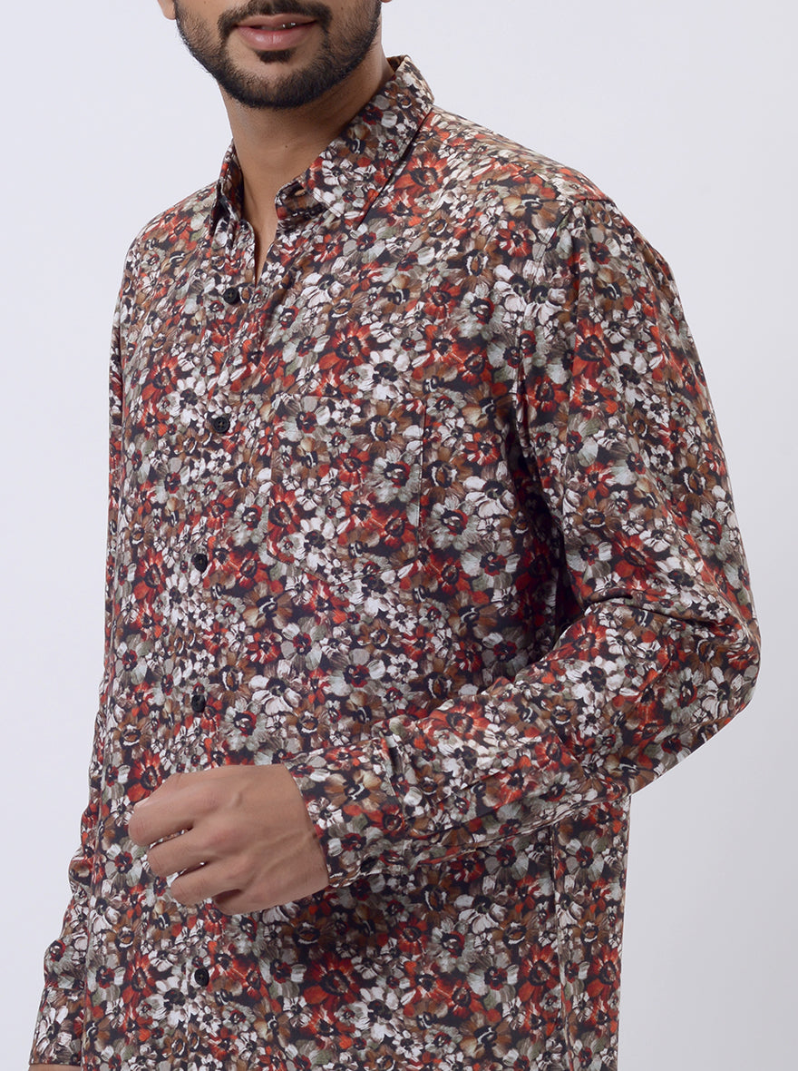 Rust Printed Slim Fit Casual Shirt | pehervi
